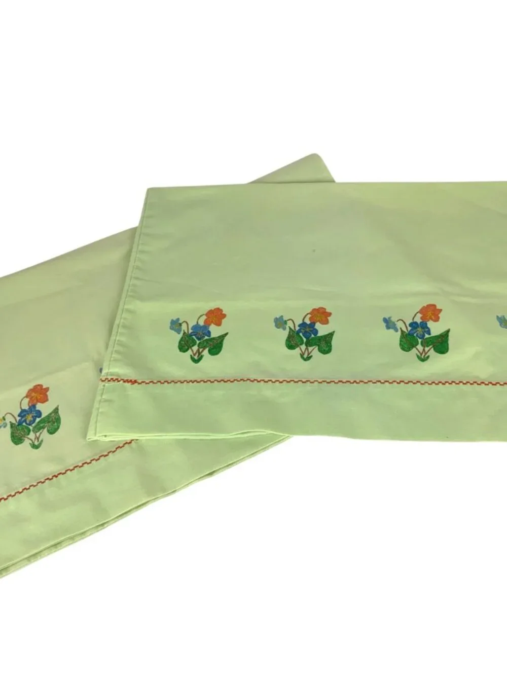Vintage Floral Pillowcase Pair for Embroidery Pale Green Cotton Red Stitching